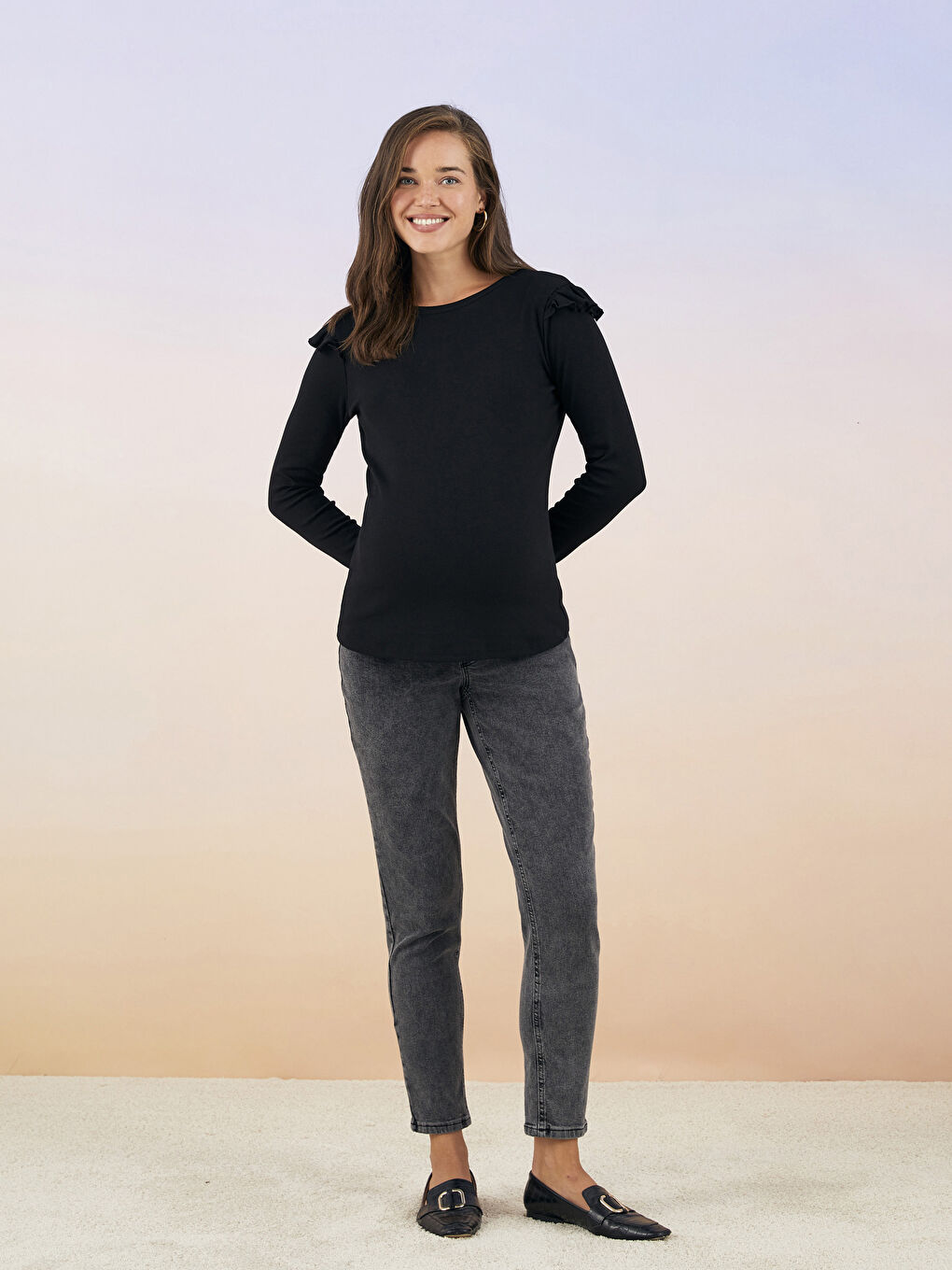 Gri Karın Panelli Mom Fit Düz Hamile Rodeo Jean Pantolon