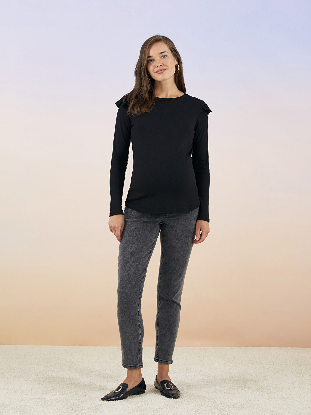 Gri Karın Panelli Mom Fit Düz Hamile Rodeo Jean Pantolon-1