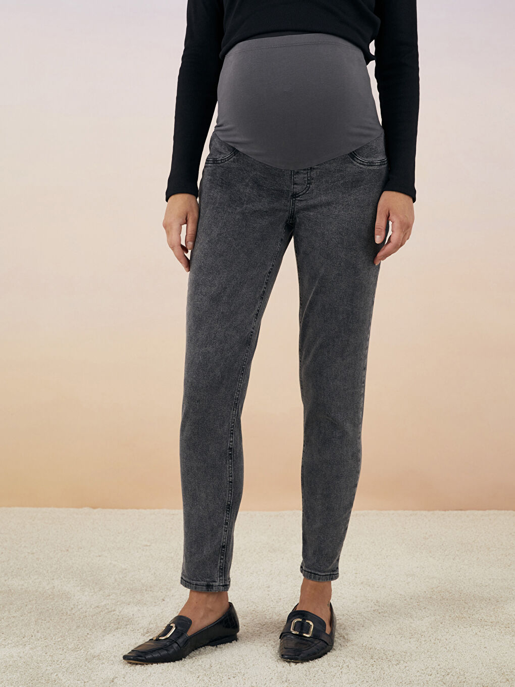 Gri Karın Panelli Mom Fit Düz Hamile Rodeo Jean Pantolon-2
