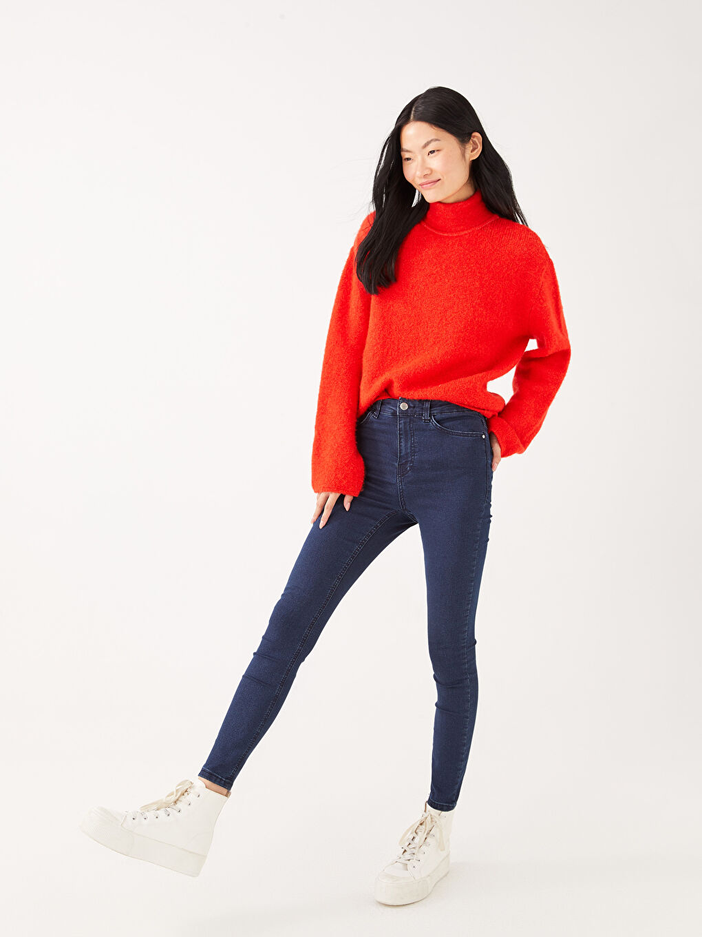 Дънки с висока талия Меркурий скини фит прави крачоли за жени