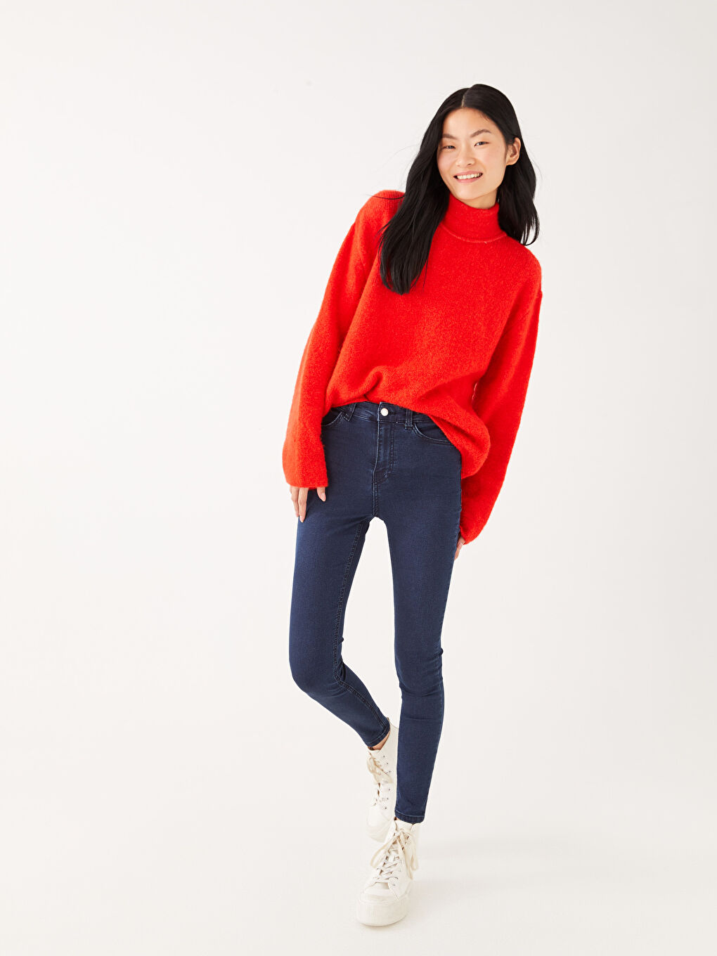 Дънки с висока талия Меркурий скини фит прави крачоли за жени-1