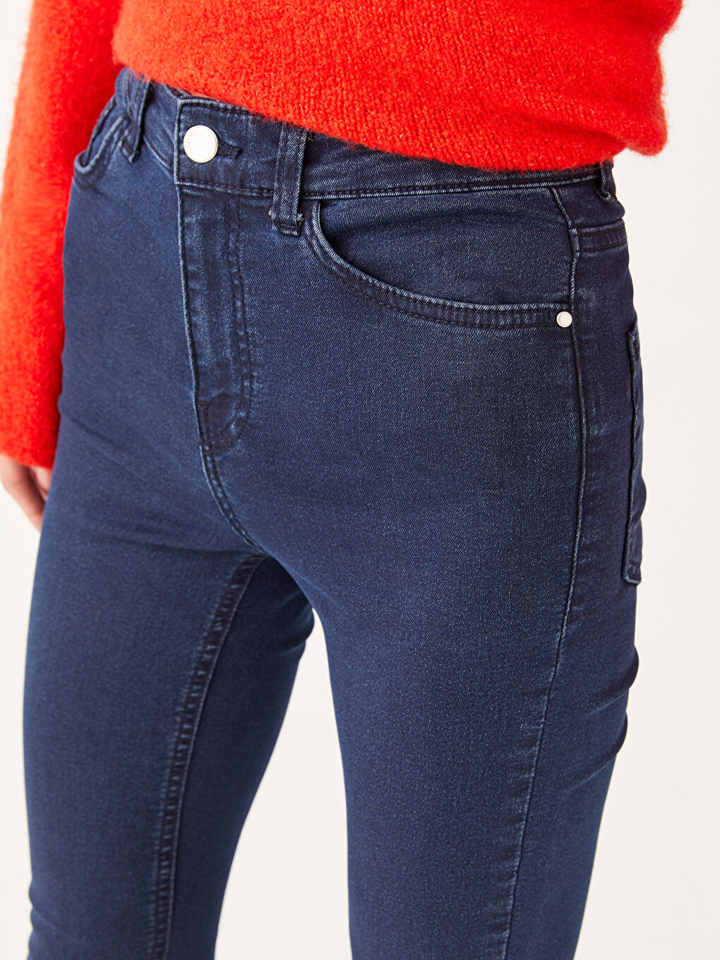 Дънки с висока талия Меркурий скини фит прави крачоли за жени-2