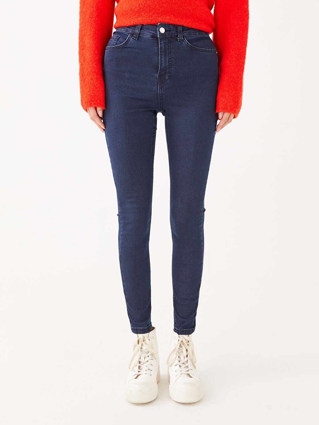 Дънки с висока талия Меркурий скини фит прави крачоли за жени-3