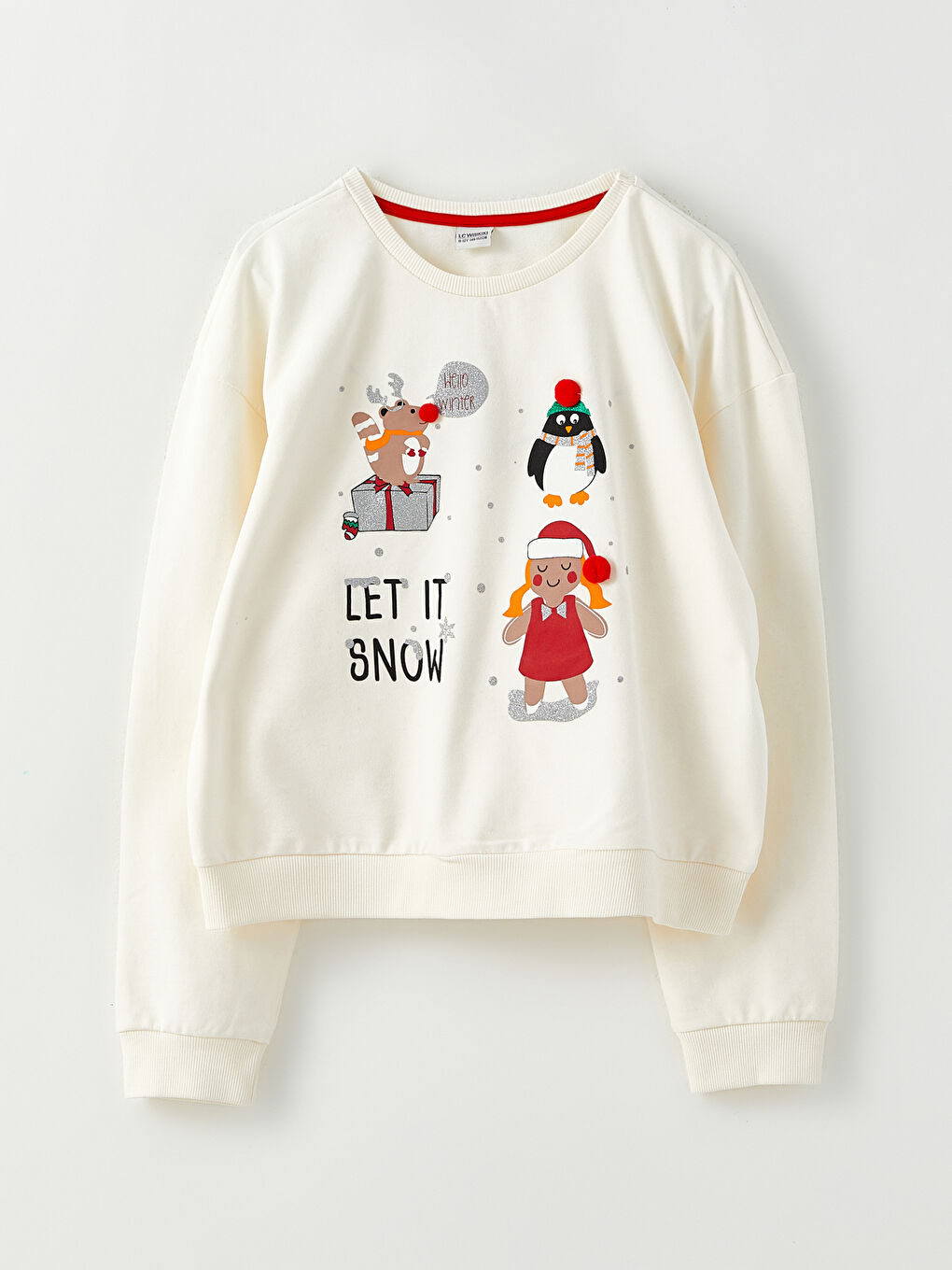 LCW Kids Ekru Bisiklet Yaka Yılbaşı Temalı Uzun Kollu Kız Çocuk Sweatshirt ve Etek - 1