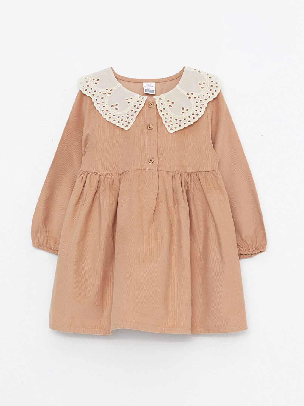 Kahverengi Bebe Yaka Uzun Kollu Kız Bebek Kadife Elbise