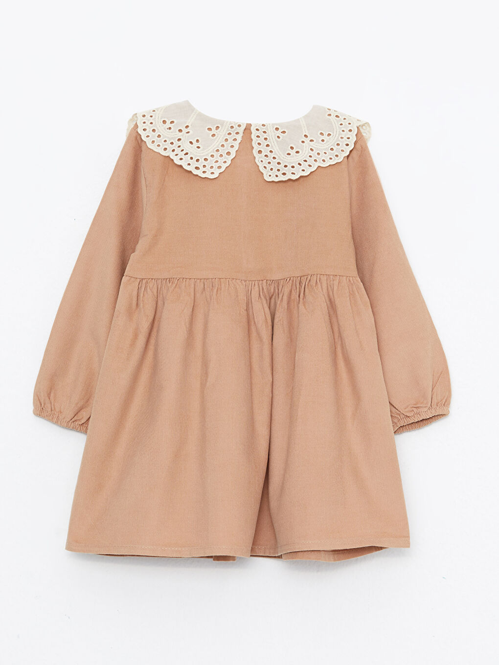 Kahverengi Bebe Yaka Uzun Kollu Kız Bebek Kadife Elbise-1