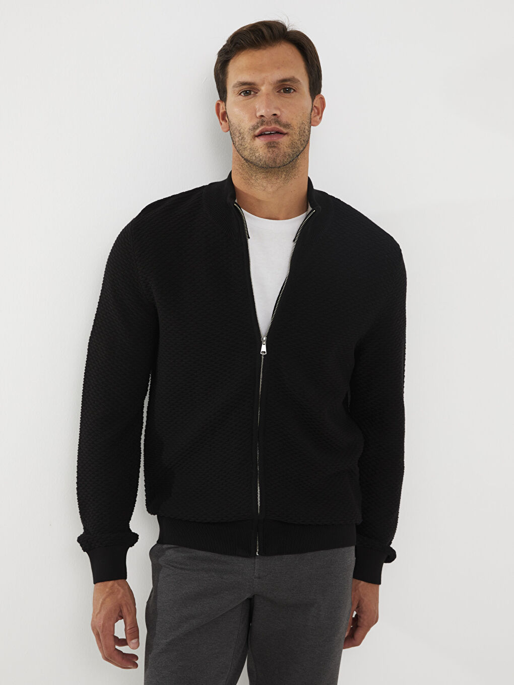 Siyah Standart Kalıp Dik Yaka Erkek Triko Hırka-4