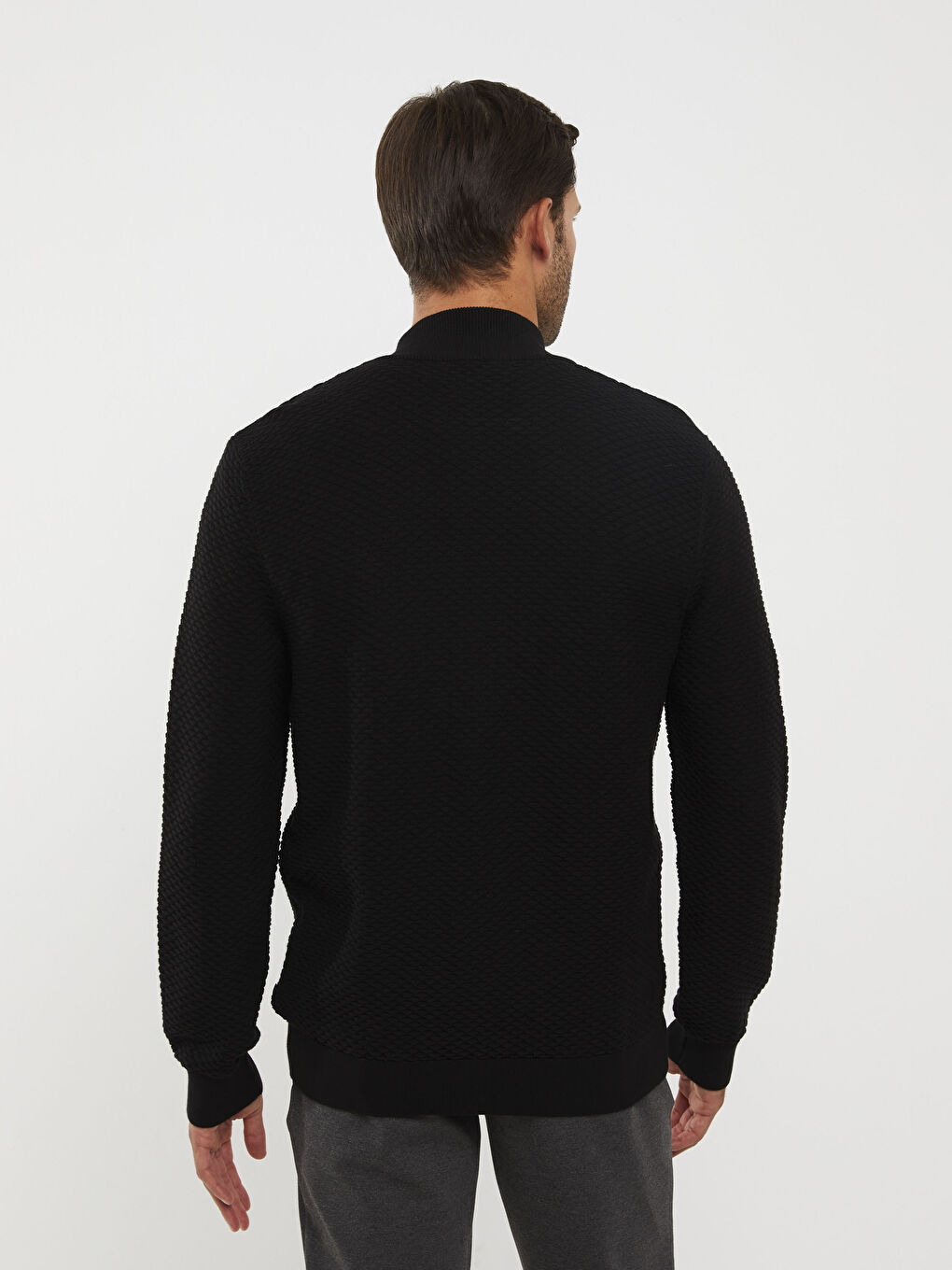 Siyah Standart Kalıp Dik Yaka Erkek Triko Hırka-6