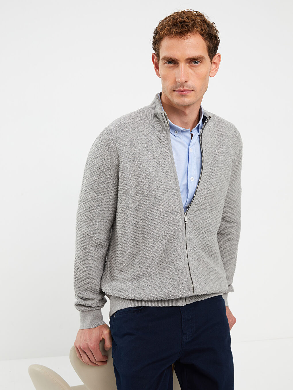 Gri Standart Kalıp Dik Yaka Erkek Triko Hırka