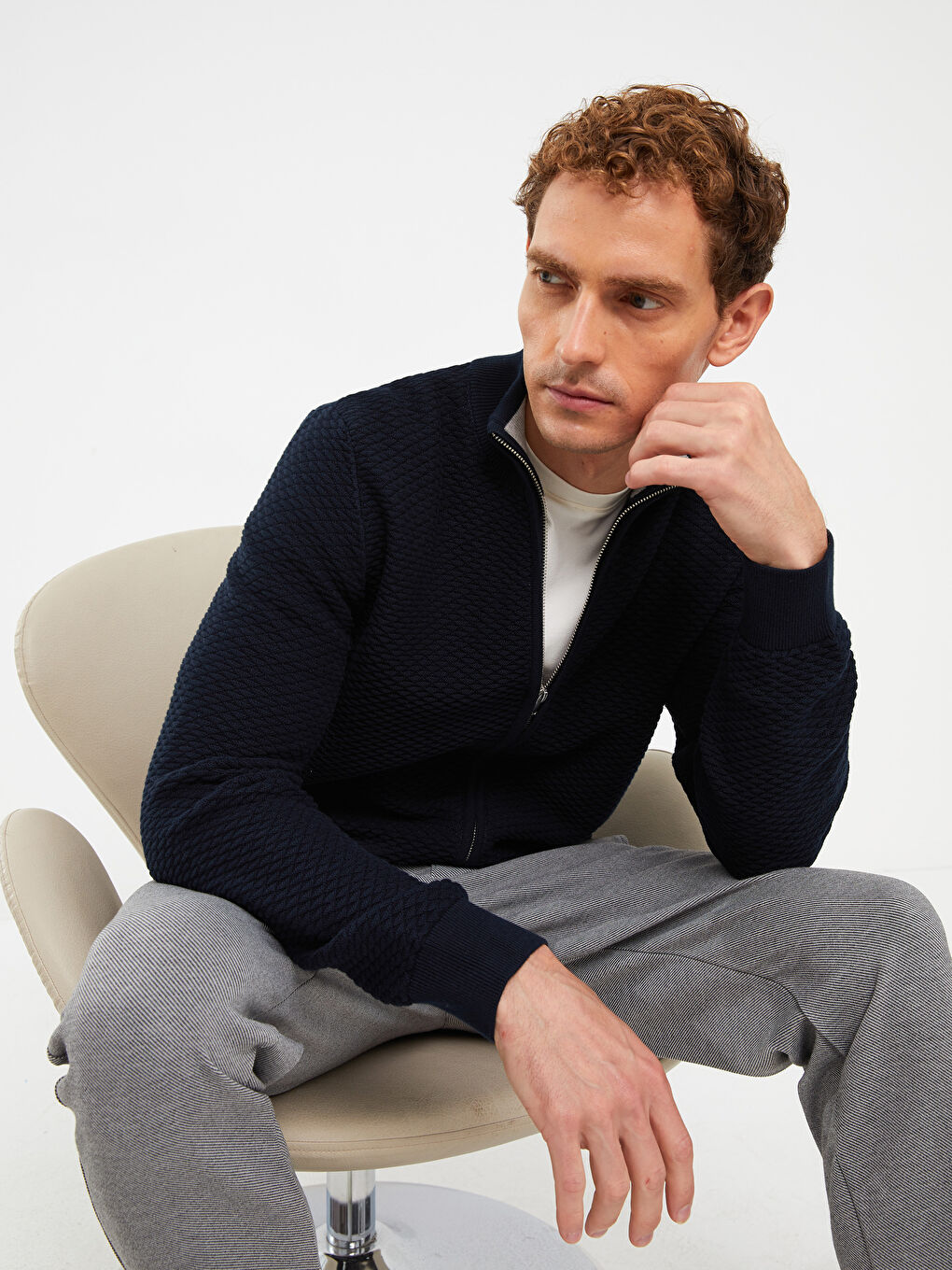 Lacivert Standart Kalıp Dik Yaka Erkek Triko Hırka-2