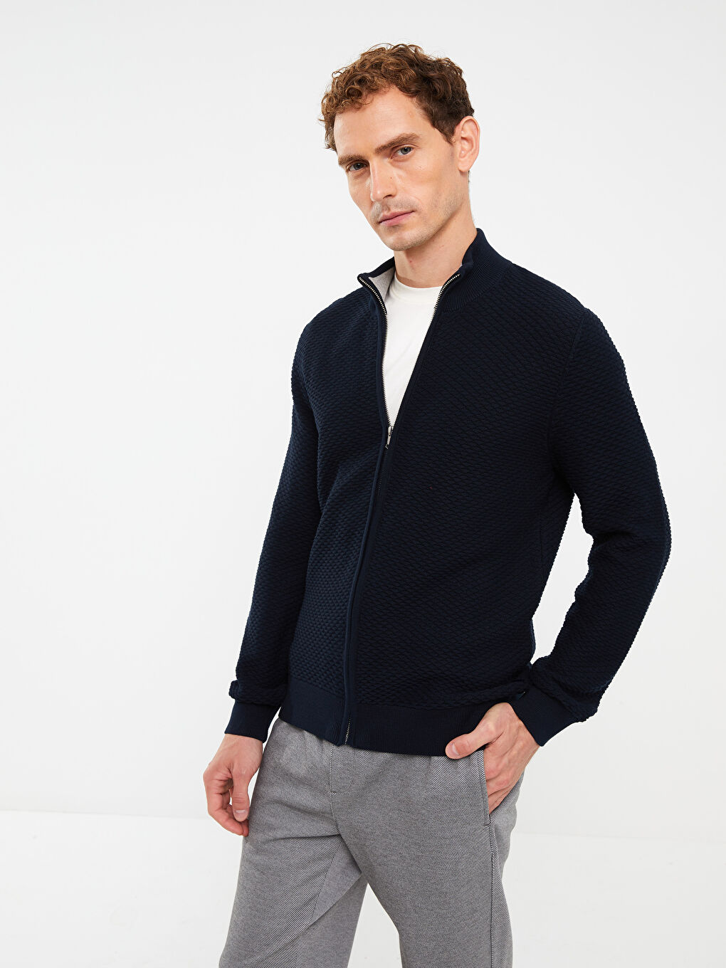 Lacivert Standart Kalıp Dik Yaka Erkek Triko Hırka-3