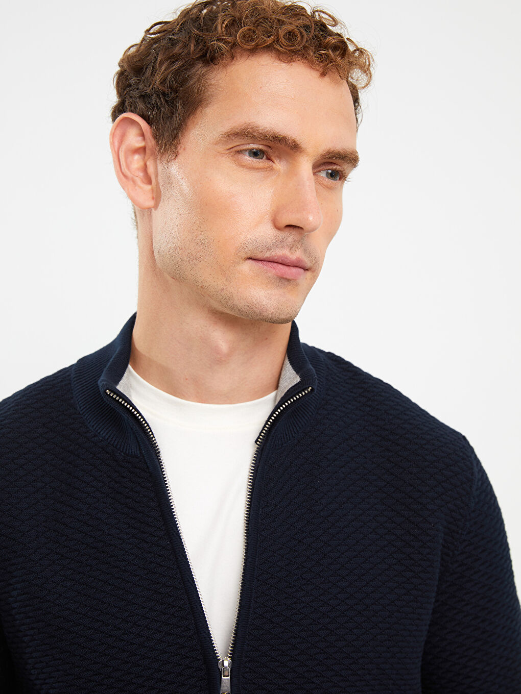 Lacivert Standart Kalıp Dik Yaka Erkek Triko Hırka-4