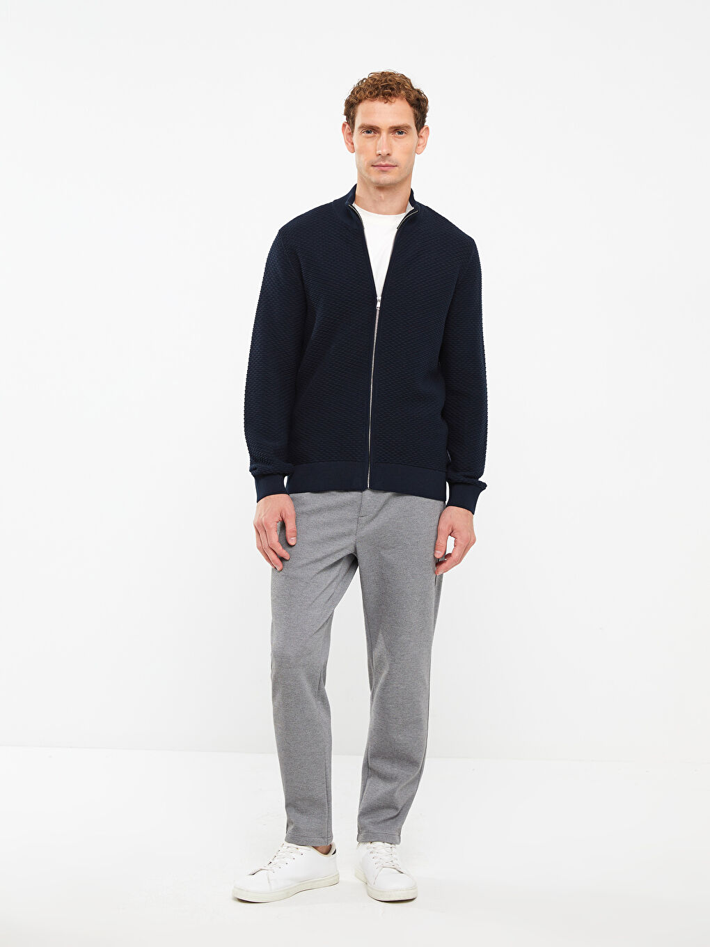 Lacivert Standart Kalıp Dik Yaka Erkek Triko Hırka-5