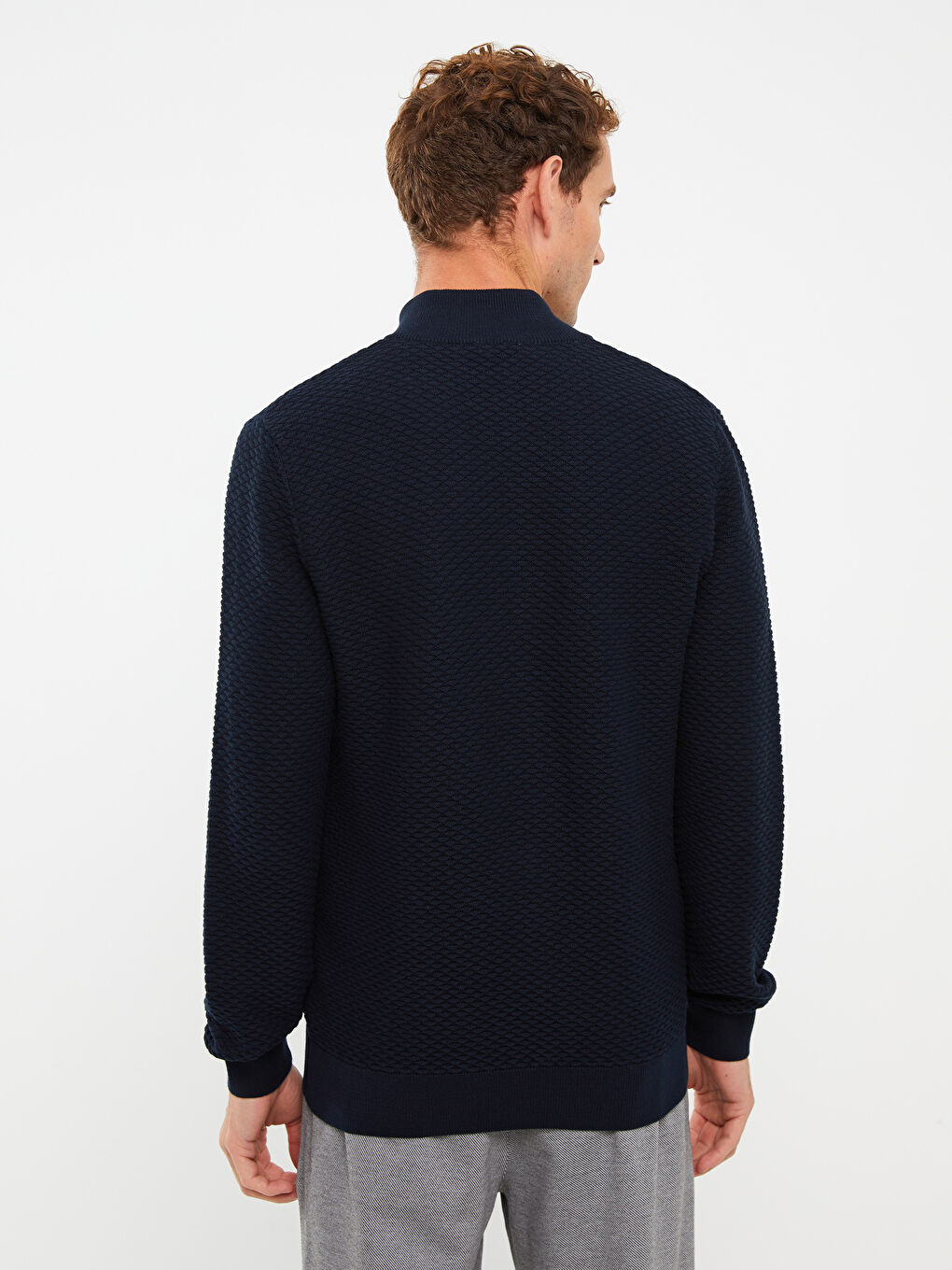 Lacivert Standart Kalıp Dik Yaka Erkek Triko Hırka-7