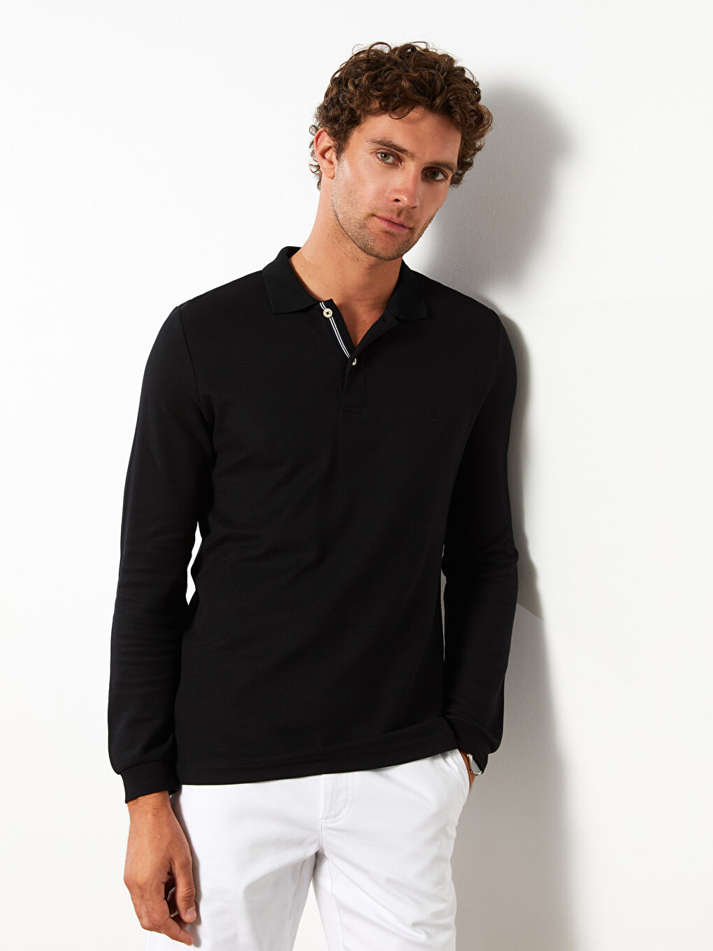 Siyah Polo Yaka Uzun Kollu Pike Erkek Sweatshirt