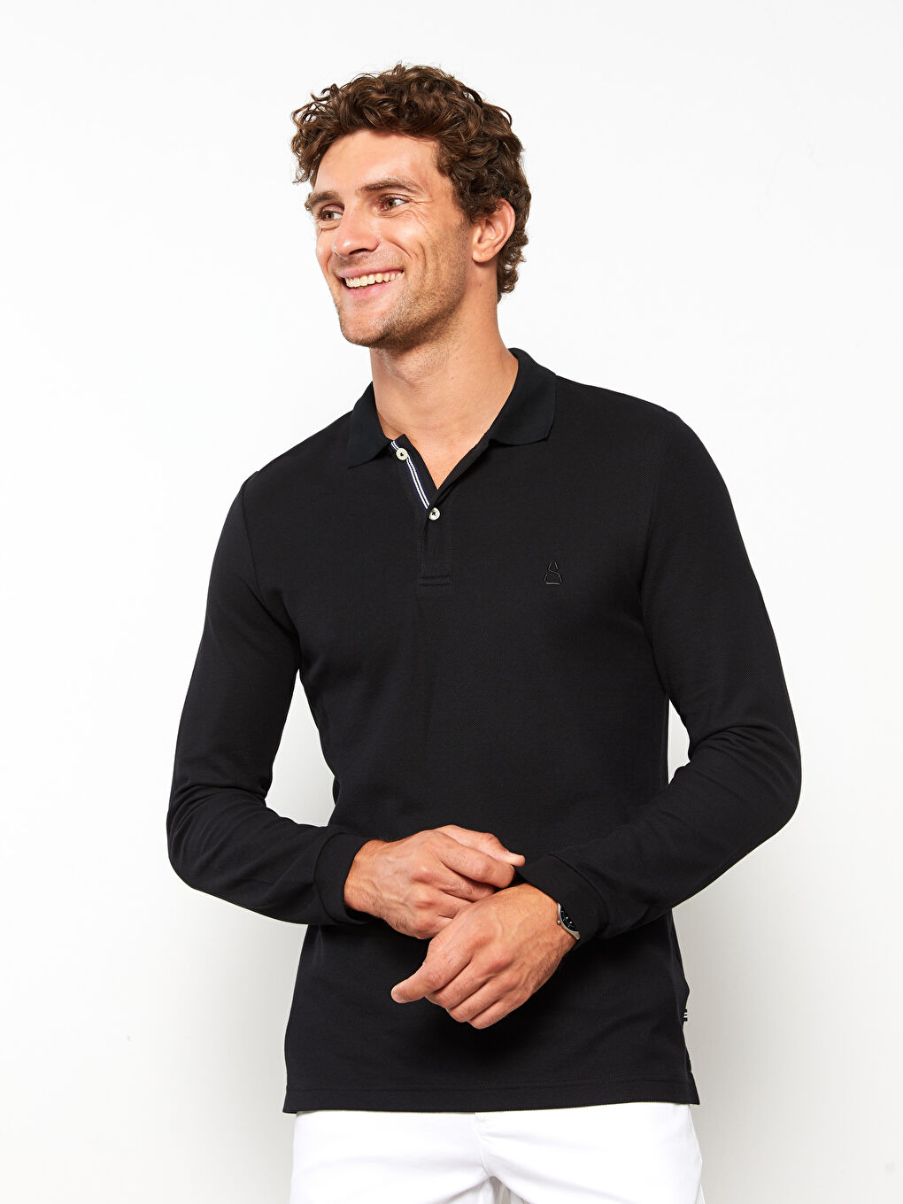 Siyah Polo Yaka Uzun Kollu Pike Erkek Sweatshirt-1