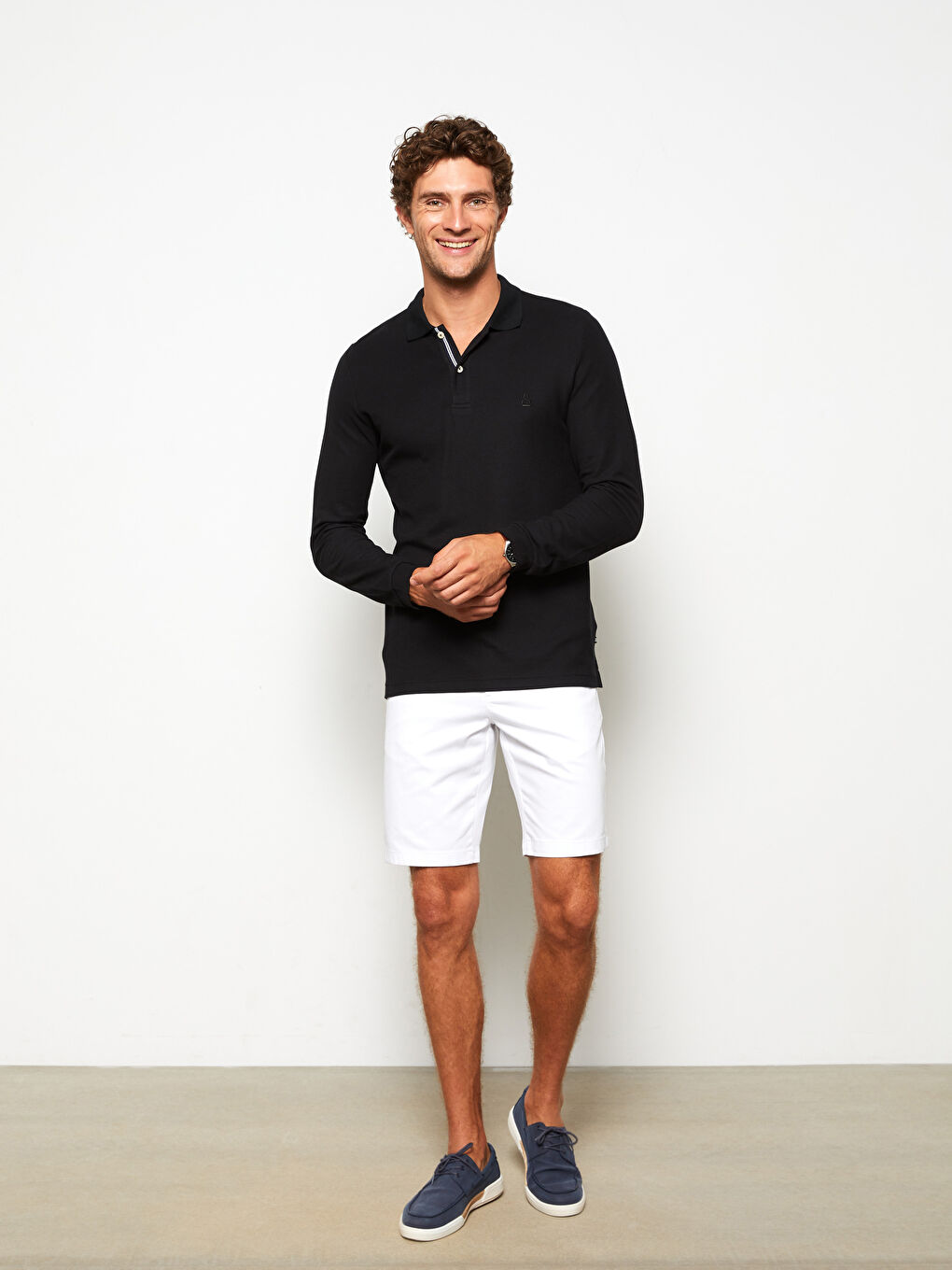 Siyah Polo Yaka Uzun Kollu Pike Erkek Sweatshirt-2