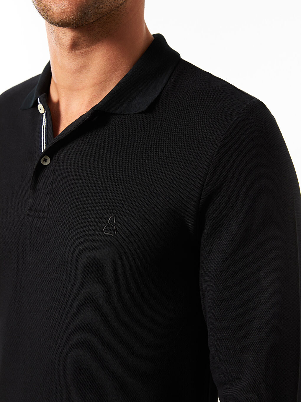 Siyah Polo Yaka Uzun Kollu Pike Erkek Sweatshirt-3