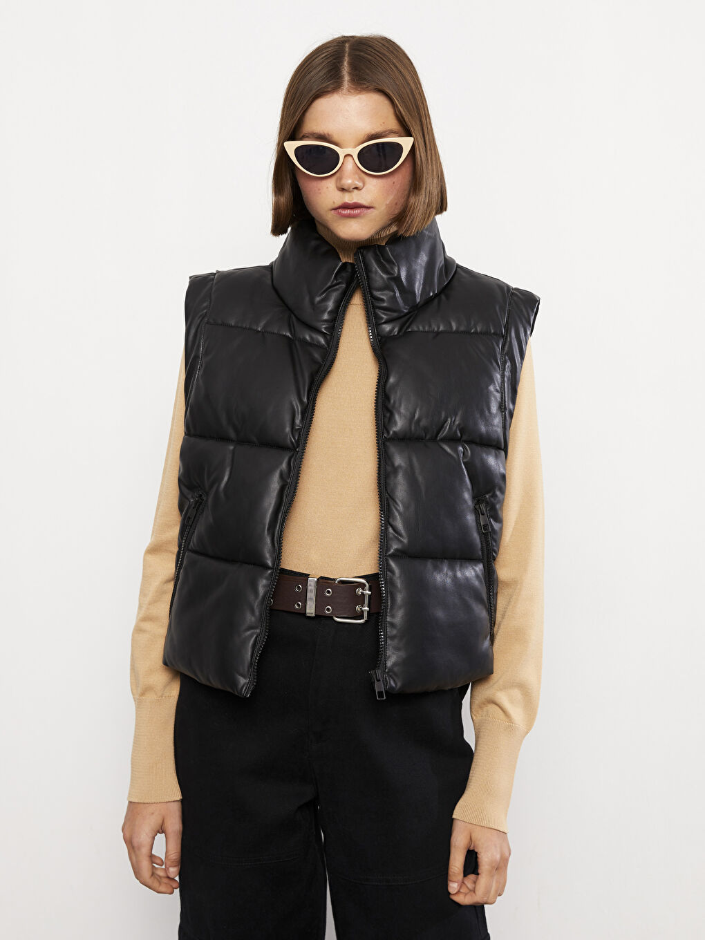 Vestă matlasată simplă cu guler tip pâlnie pentru femei-2