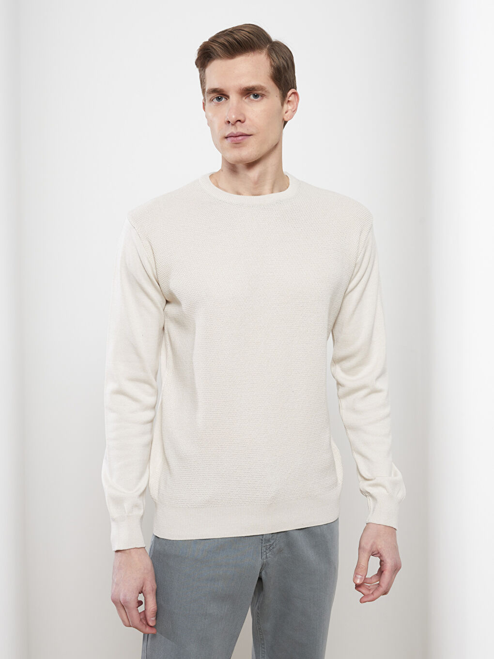 Bej Bisiklet Yaka Erkek Triko Kazak