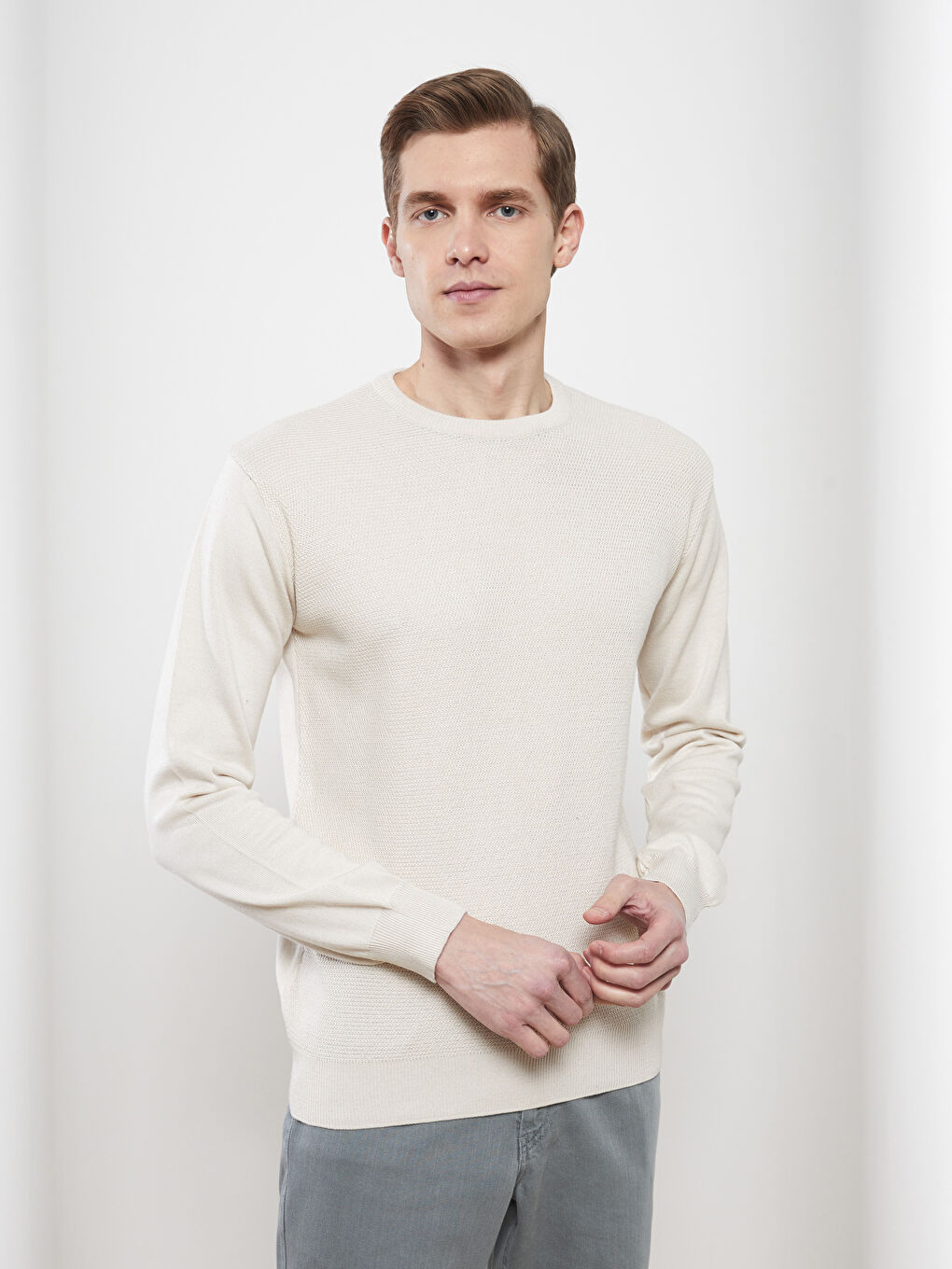 Bej Bisiklet Yaka Erkek Triko Kazak-1