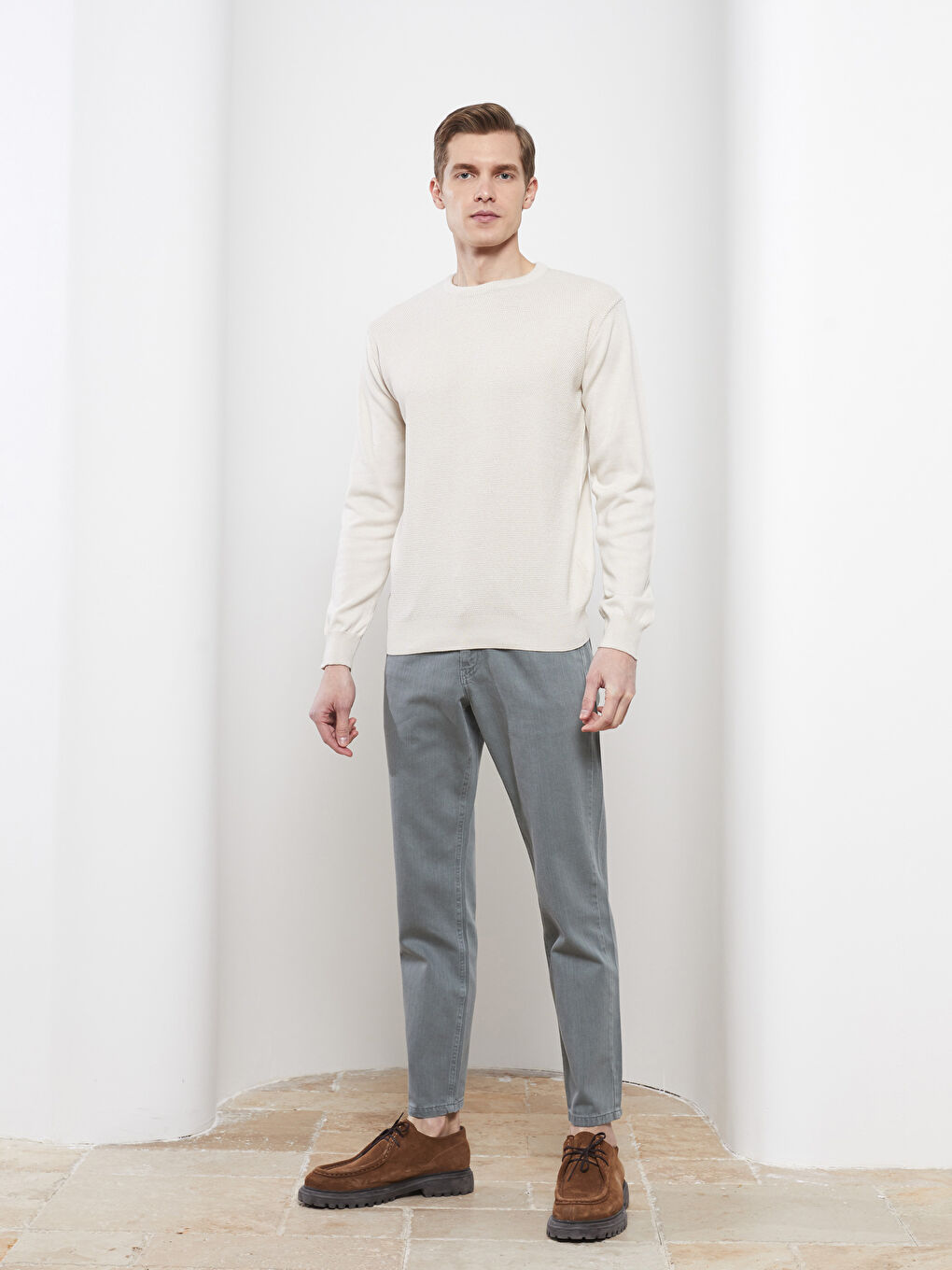 Bej Bisiklet Yaka Erkek Triko Kazak-2