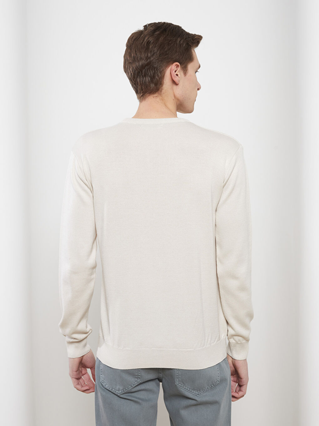 Bej Bisiklet Yaka Erkek Triko Kazak-4