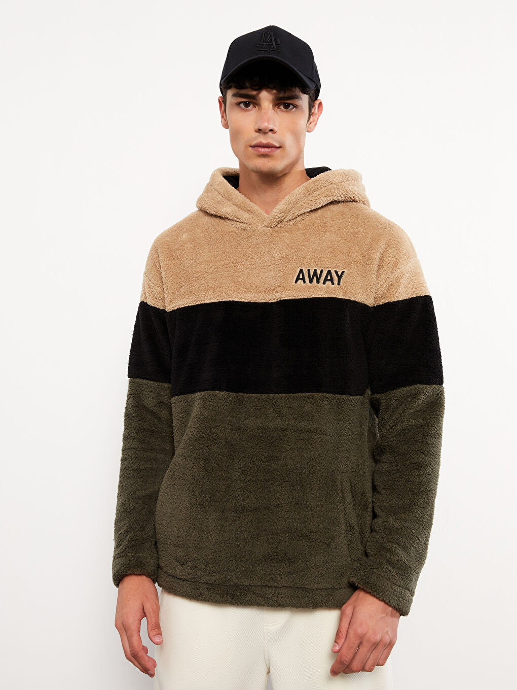 Haki Uzun Kollu Renk Bloklu Pelüş Erkek Hoodie-2