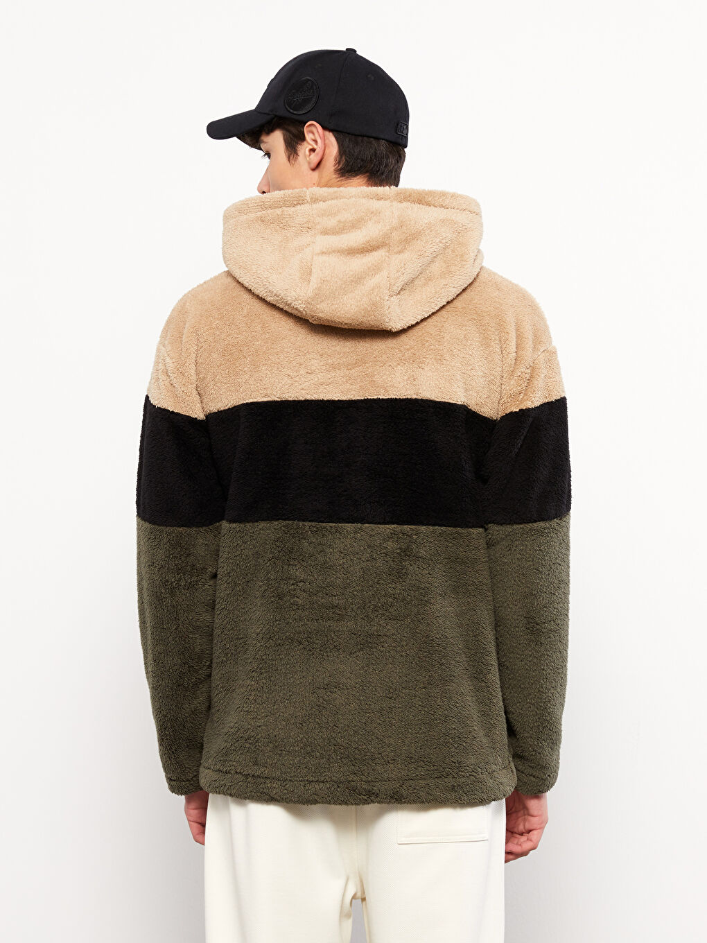 Haki Uzun Kollu Renk Bloklu Pelüş Erkek Hoodie-4