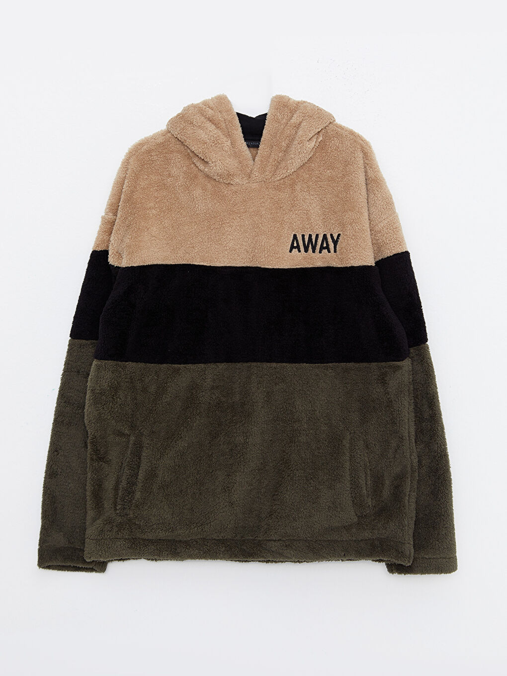 Haki Uzun Kollu Renk Bloklu Pelüş Erkek Hoodie-5