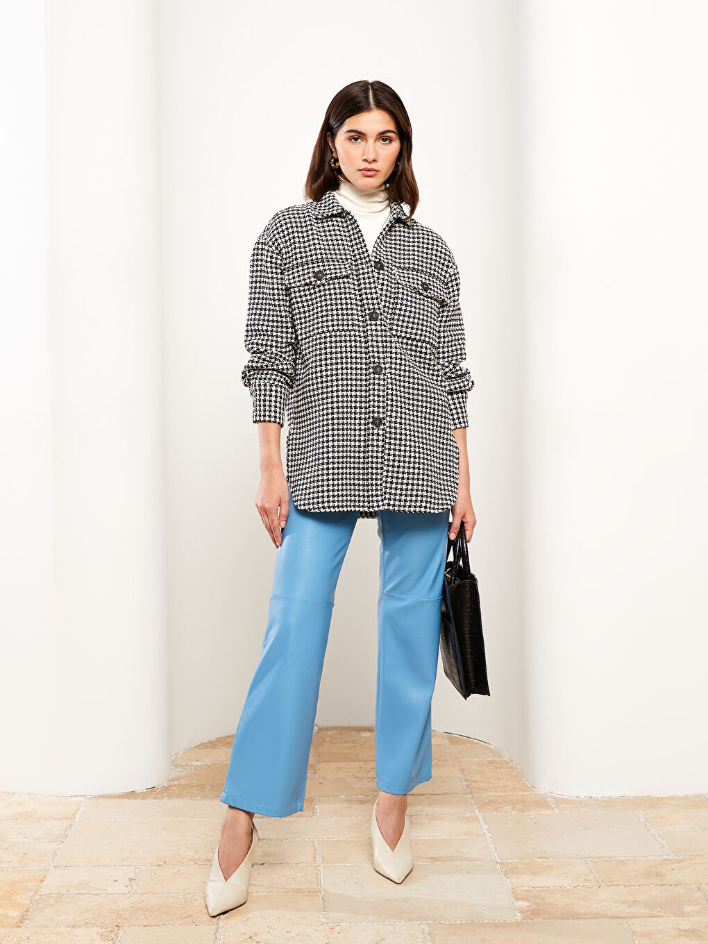 Siyah Ekose Uzun Kollu Kadın Gömlek Ceket-2