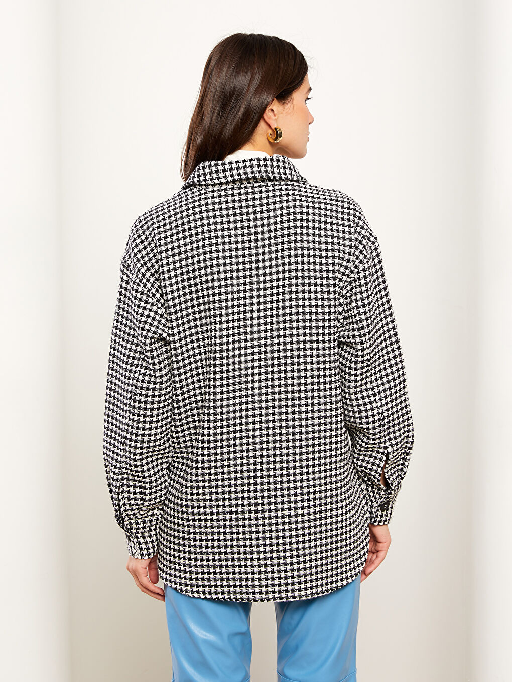 Siyah Ekose Uzun Kollu Kadın Gömlek Ceket-4