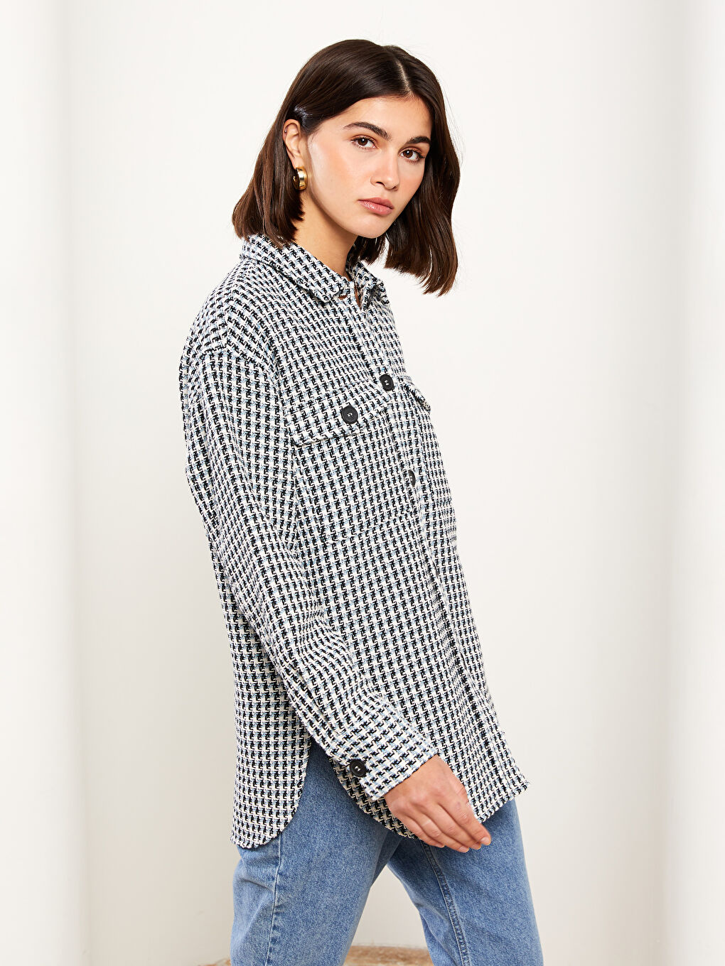 Mavi Ekose Uzun Kollu Kadın Gömlek Ceket