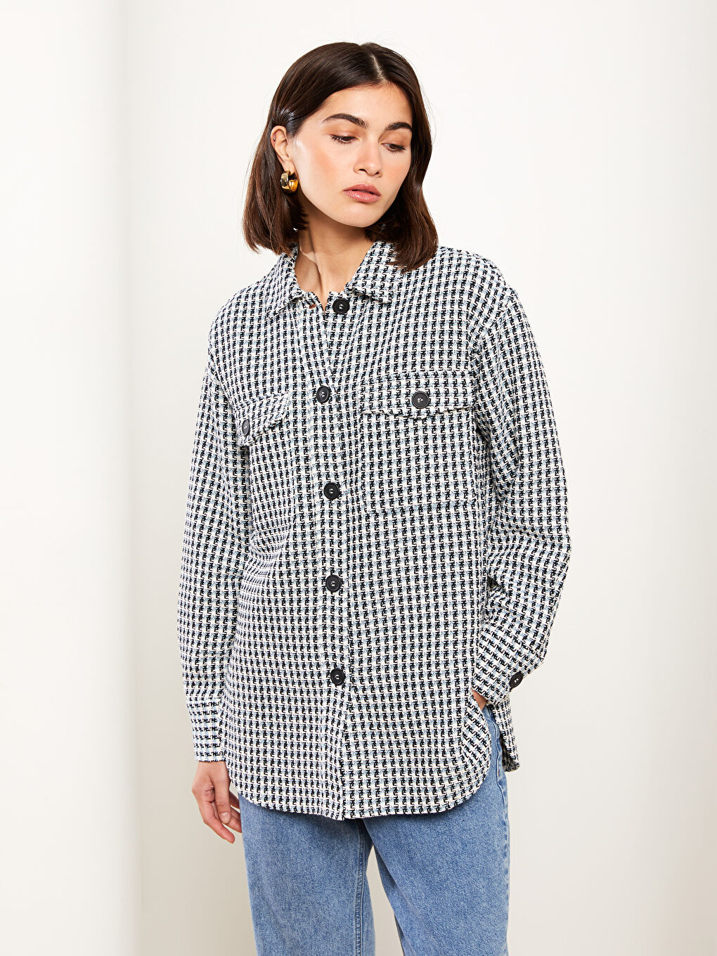 Mavi Ekose Uzun Kollu Kadın Gömlek Ceket-1
