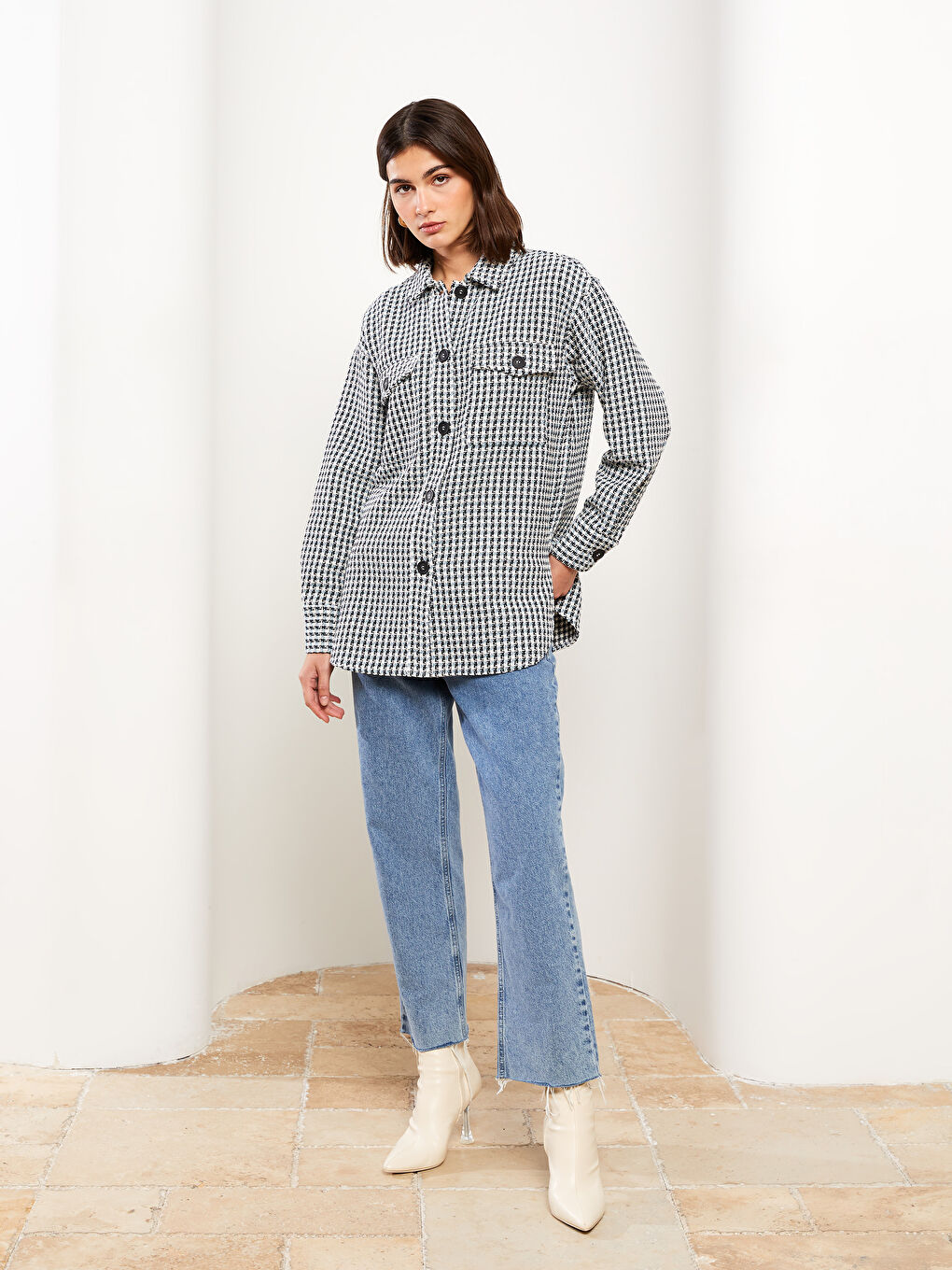 Mavi Ekose Uzun Kollu Kadın Gömlek Ceket-2