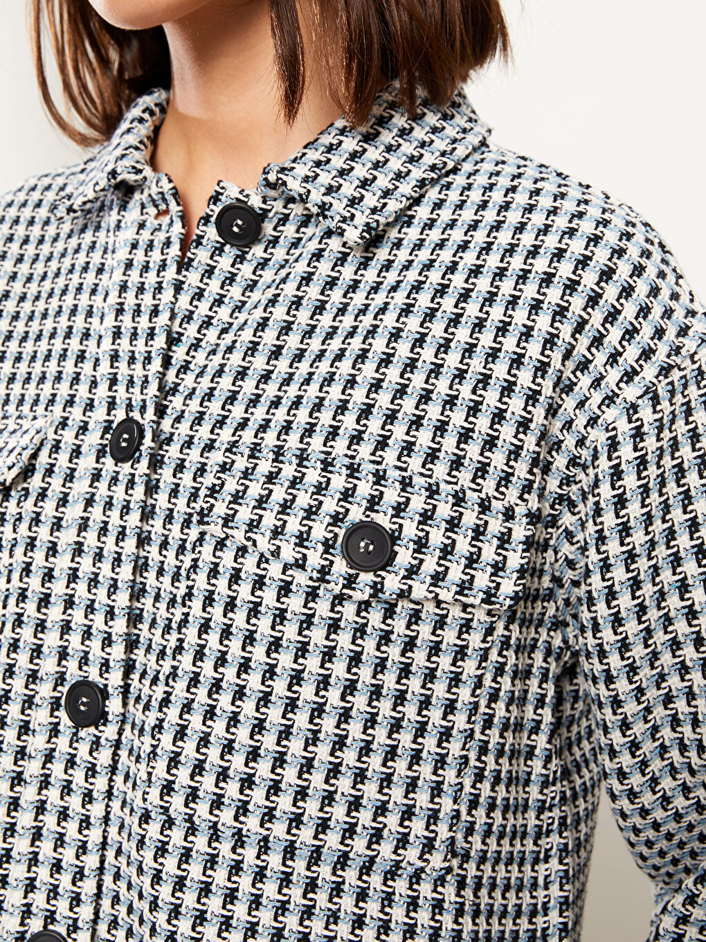 Mavi Ekose Uzun Kollu Kadın Gömlek Ceket-3