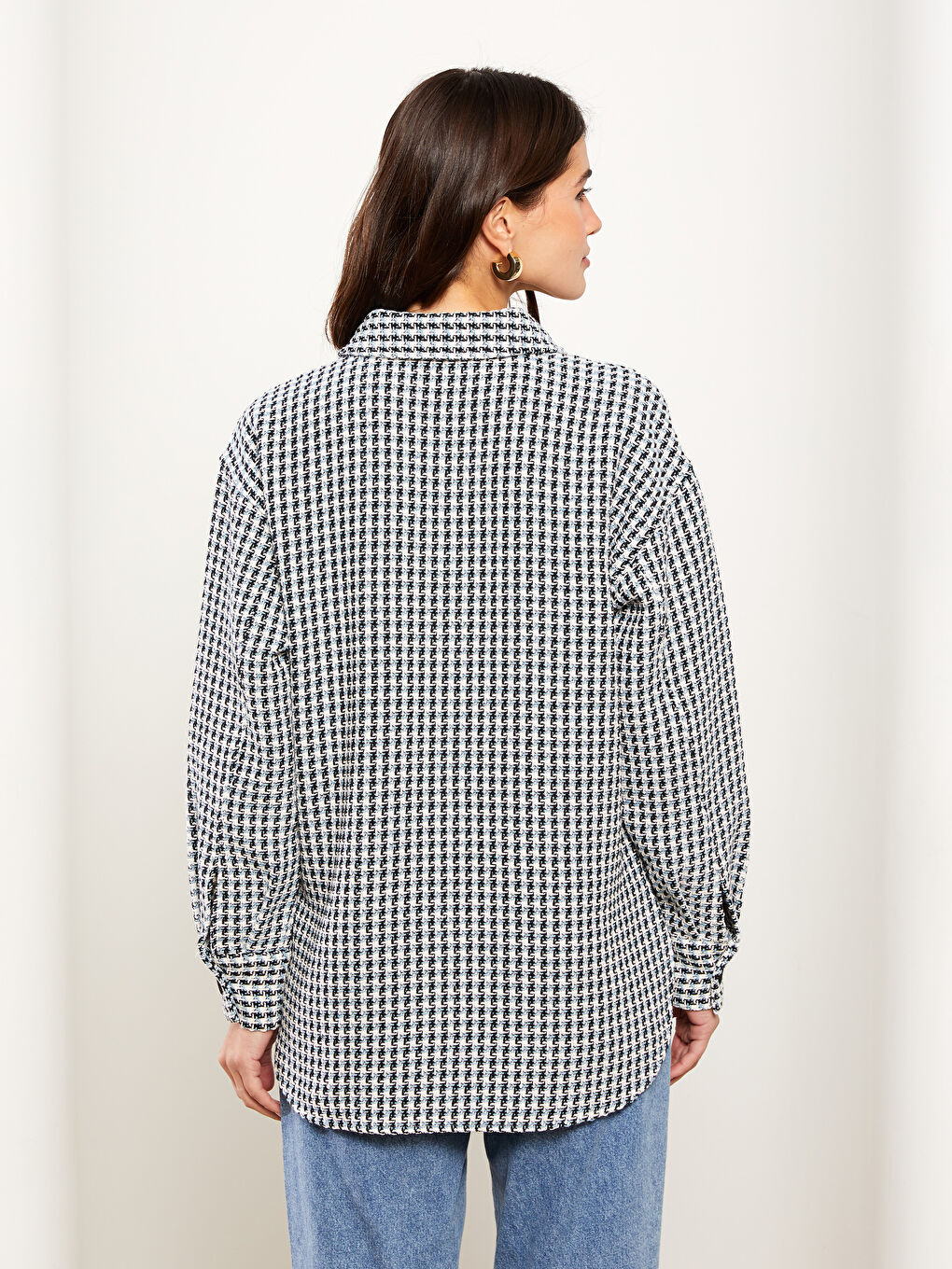 Mavi Ekose Uzun Kollu Kadın Gömlek Ceket-4