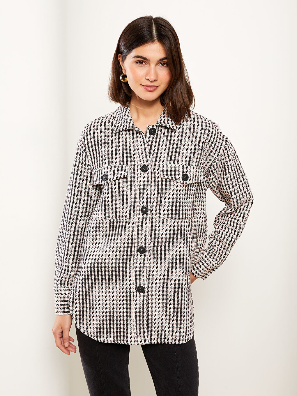 Pembe Ekose Uzun Kollu Kadın Gömlek Ceket