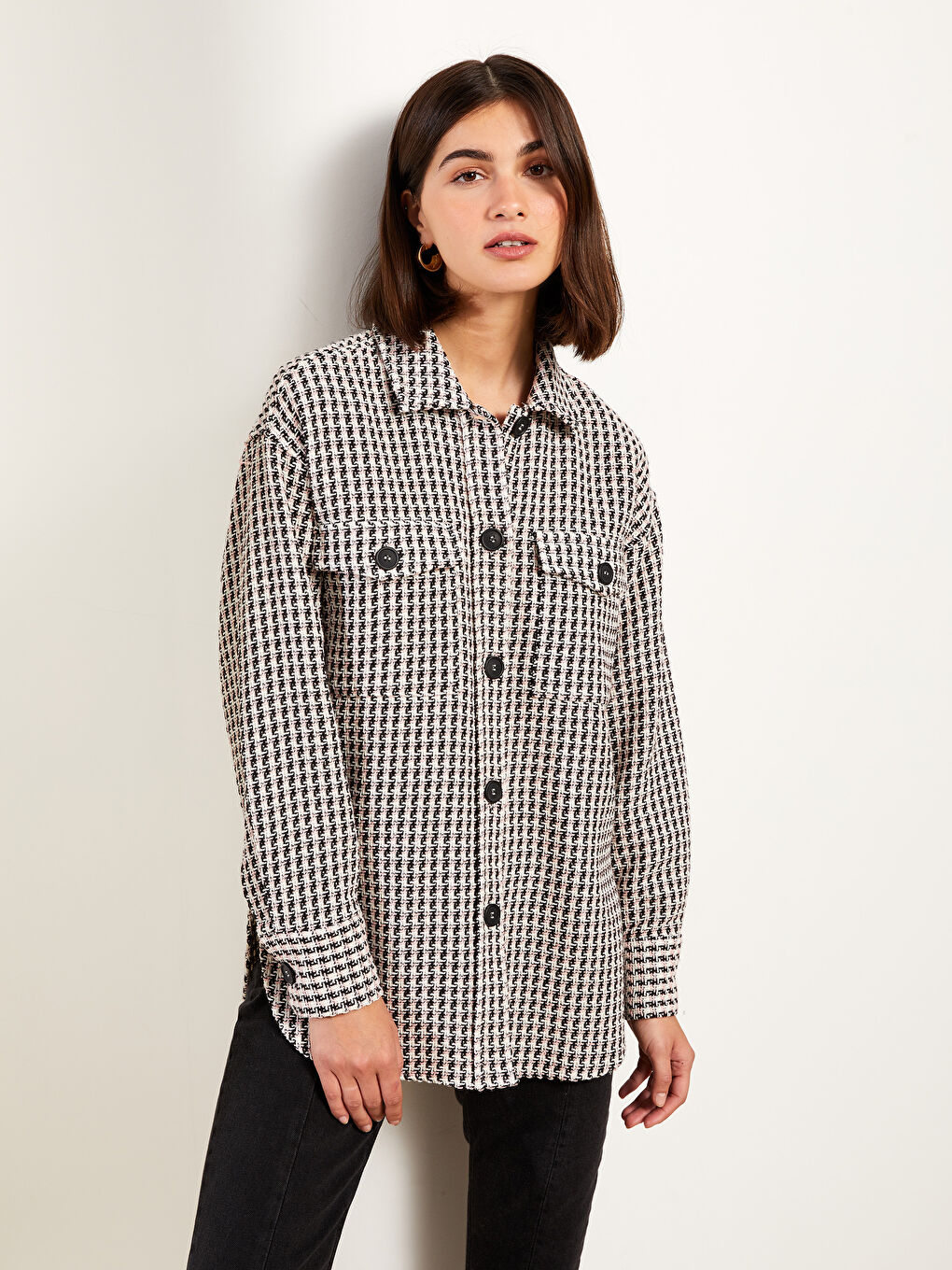 Pembe Ekose Uzun Kollu Kadın Gömlek Ceket-1