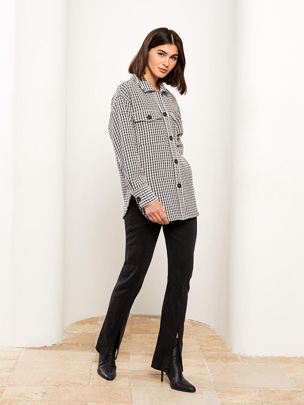 Pembe Ekose Uzun Kollu Kadın Gömlek Ceket-2