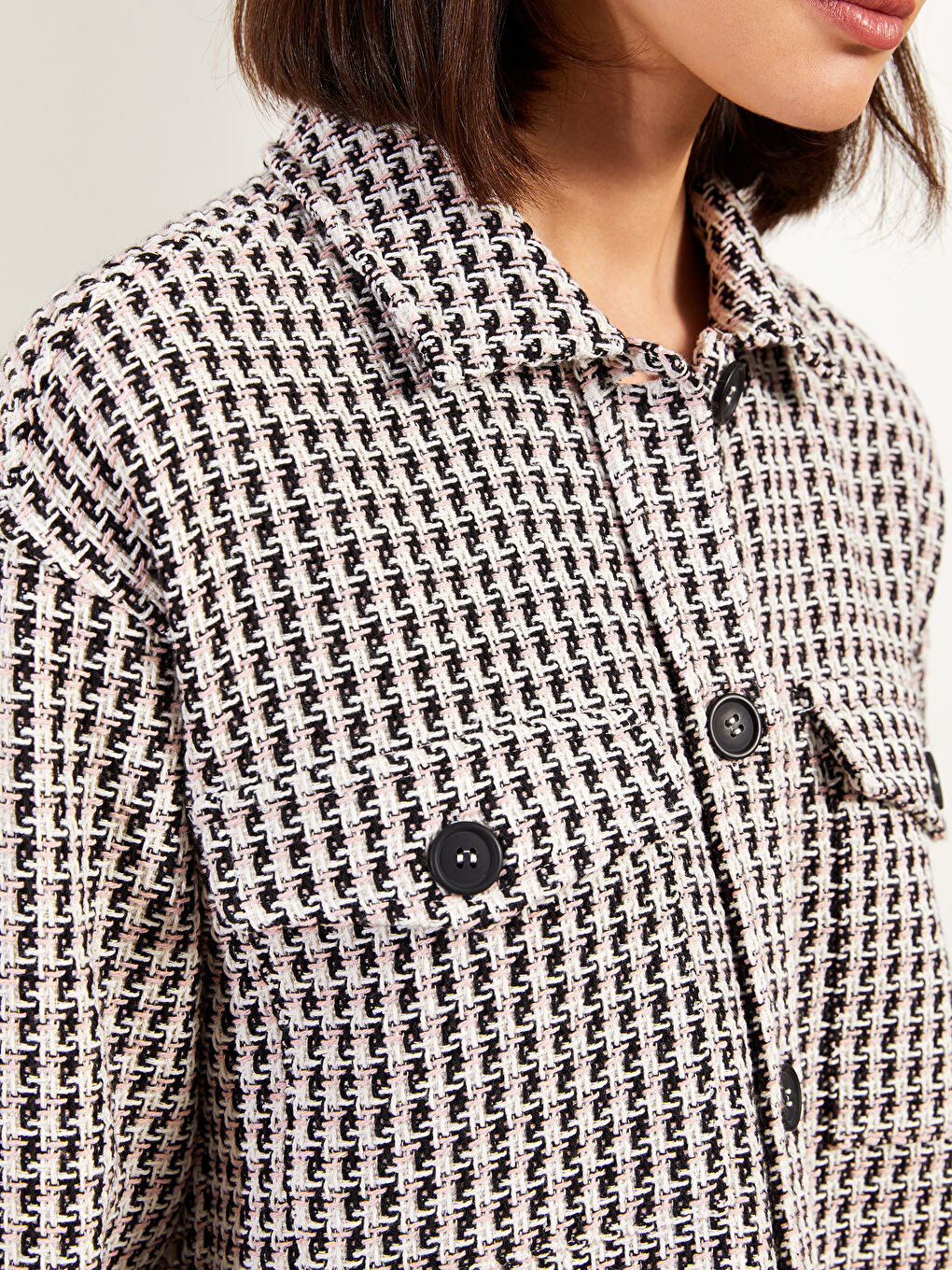 Pembe Ekose Uzun Kollu Kadın Gömlek Ceket-3