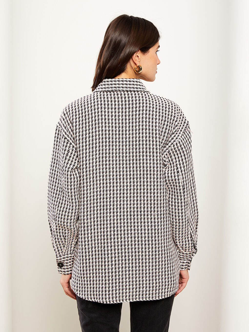 Pembe Ekose Uzun Kollu Kadın Gömlek Ceket-4