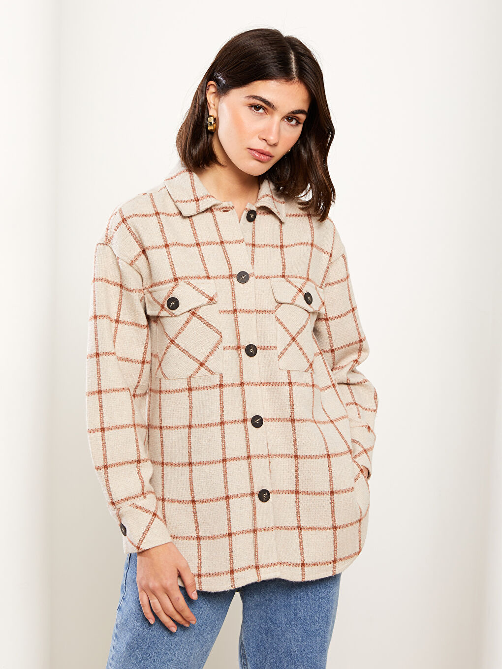 LCW Vision Karo Langarm Tweed Oversize Damen Hemdjacke -W2BL14Z8-LKQ