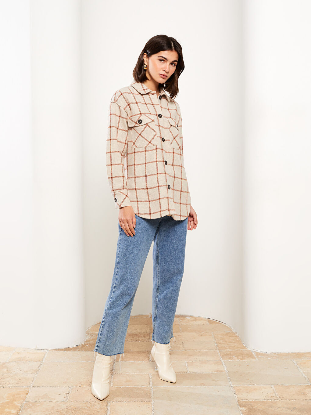 LCW Vision Karo Langarm Tweed Oversize Damen Hemdjacke -W2BL14Z8-LKQ
