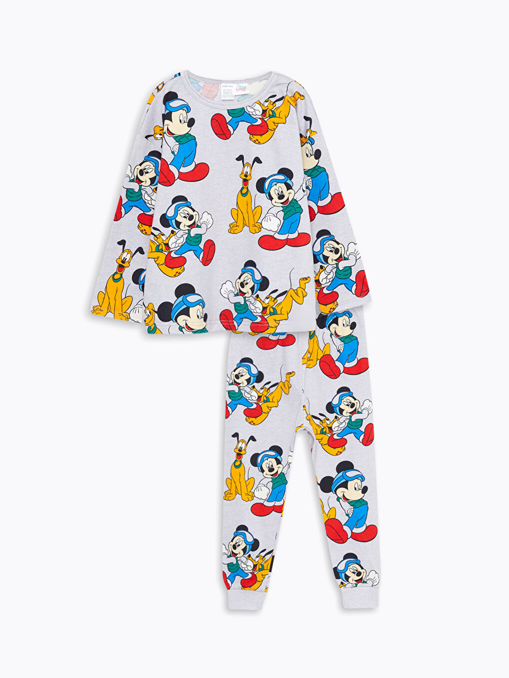 Gri Bisiklet Yaka Uzun Kollu Mickey Mouse Baskılı Erkek Bebek Pijama Takımı-3