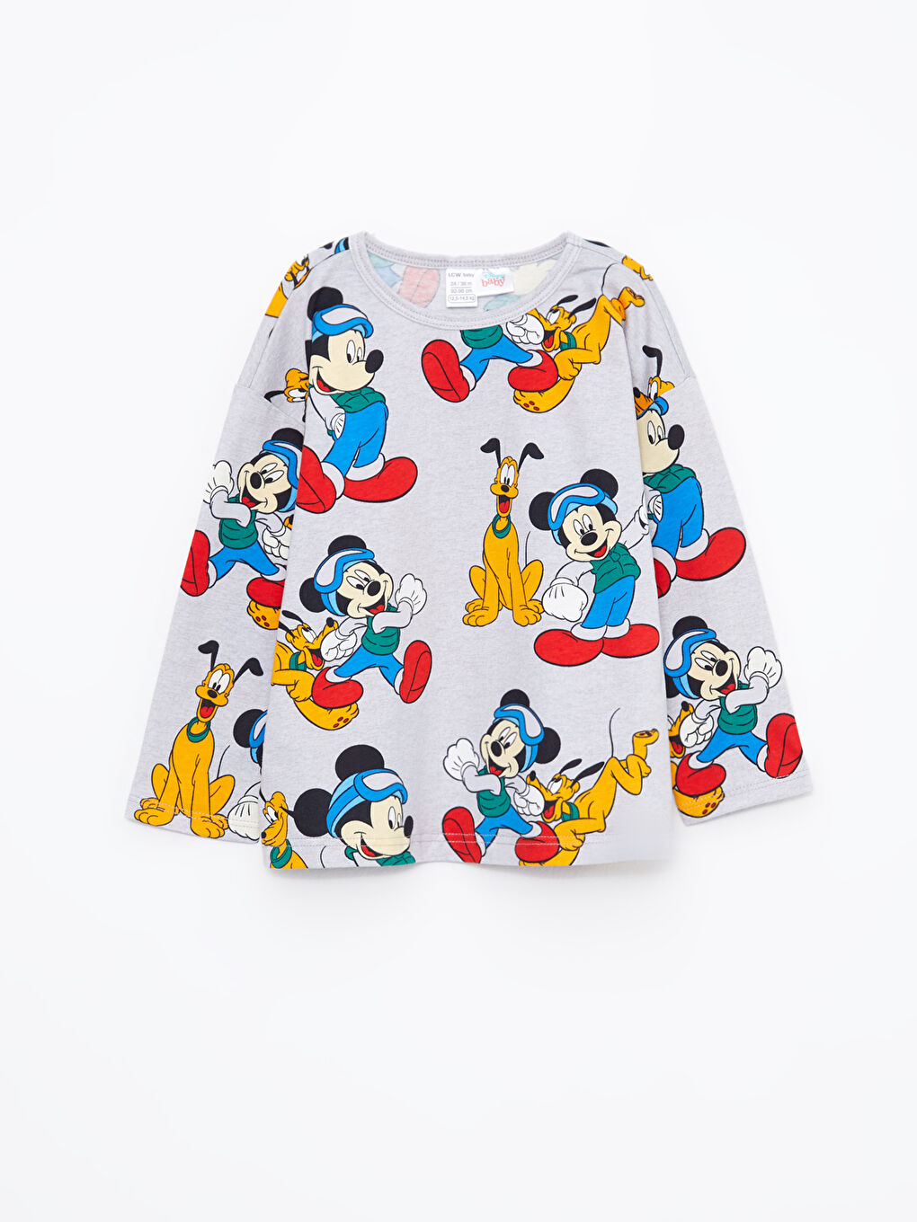 Gri Bisiklet Yaka Uzun Kollu Mickey Mouse Baskılı Erkek Bebek Pijama Takımı-4