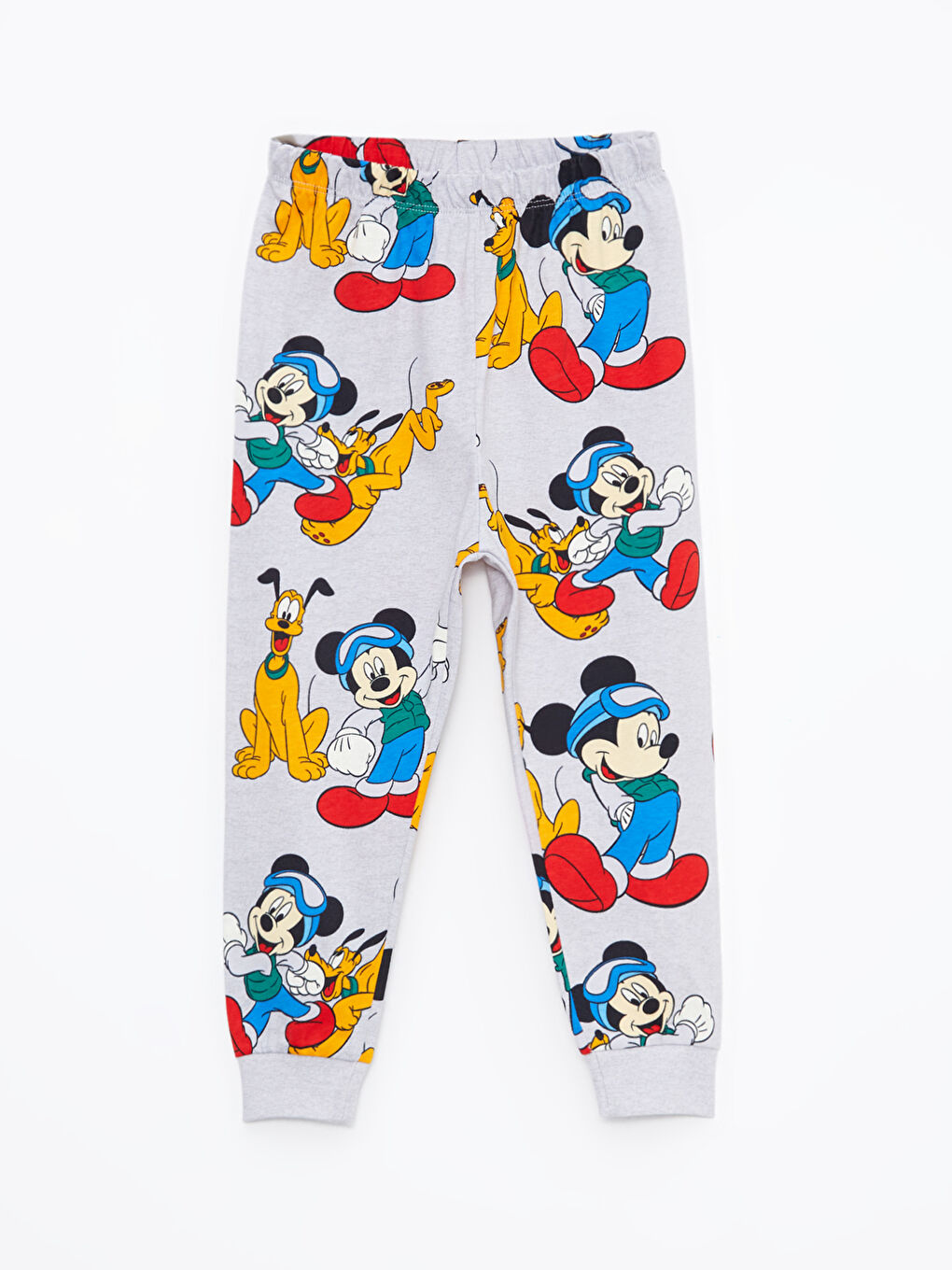 Gri Bisiklet Yaka Uzun Kollu Mickey Mouse Baskılı Erkek Bebek Pijama Takımı-5
