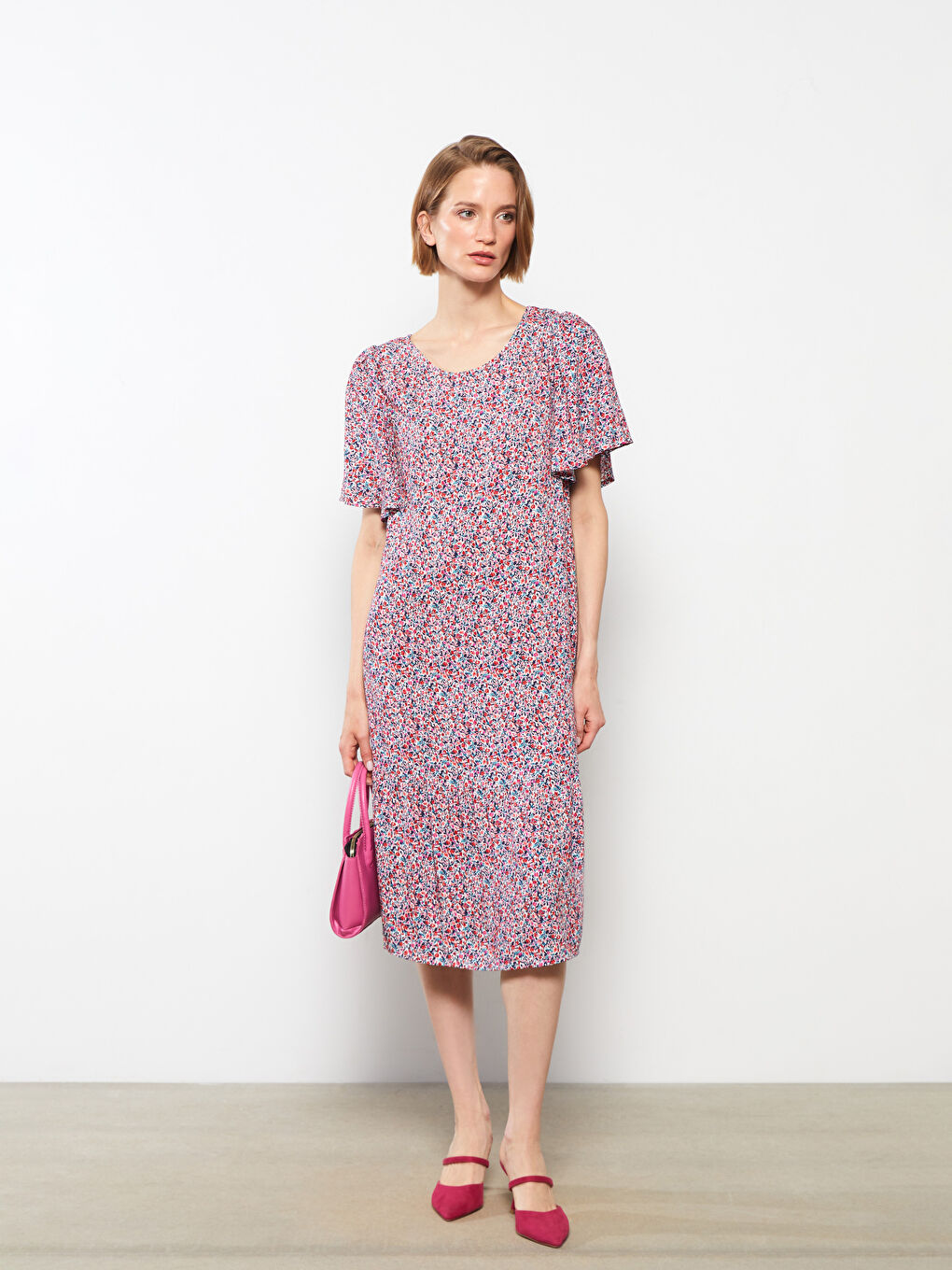 Crew Neck Patterned Short Sleeve A-Cut Women's Dress
