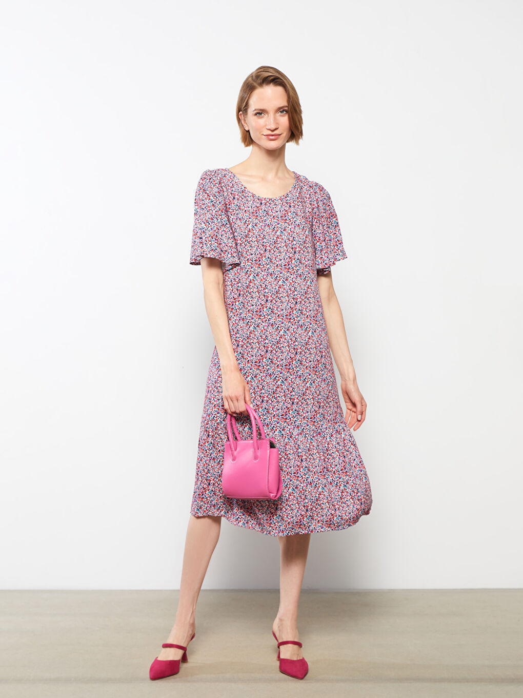 Crew Neck Patterned Short Sleeve A-Cut Women's Dress-1