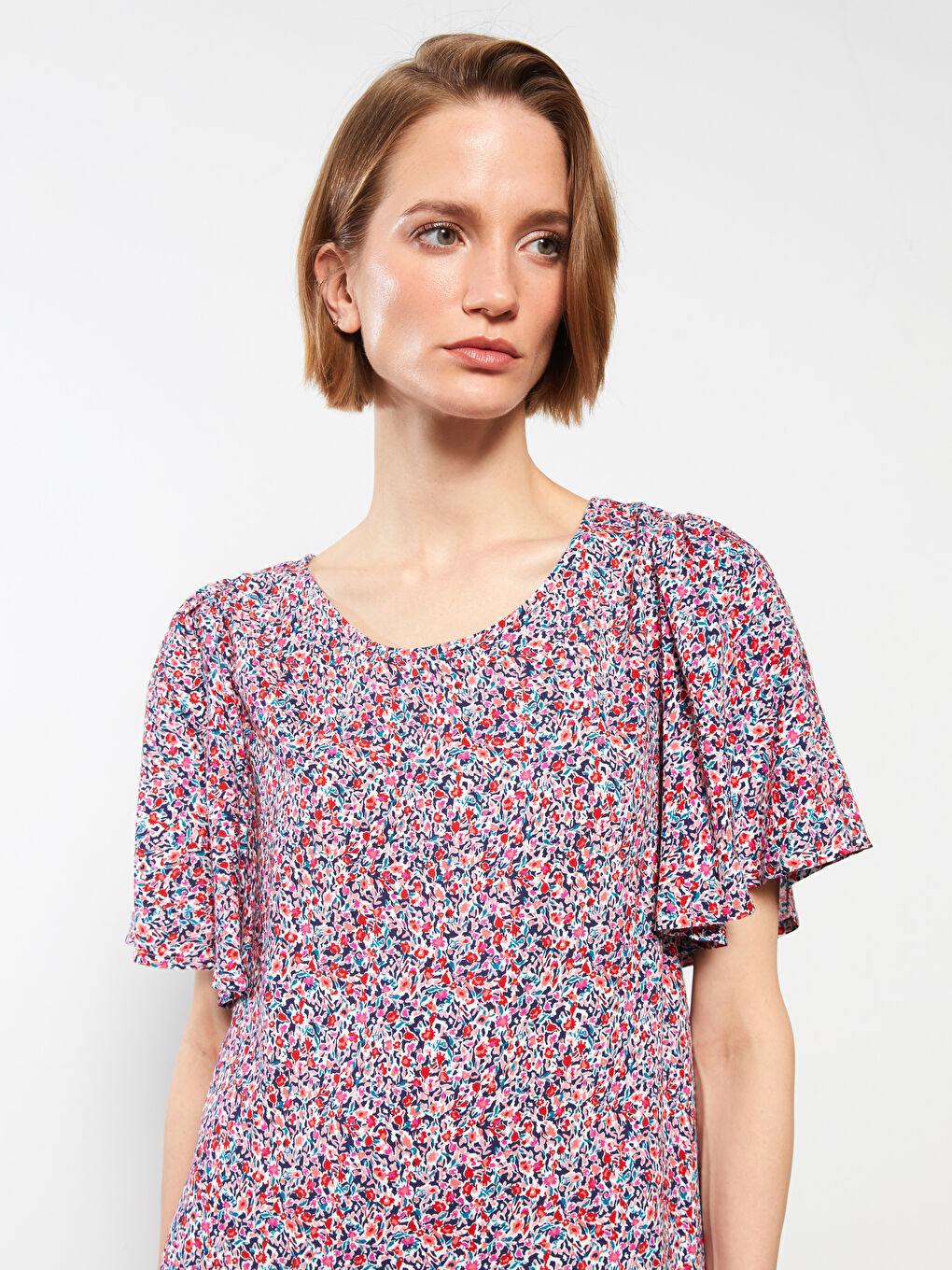 Crew Neck Patterned Short Sleeve A-Cut Women's Dress-2